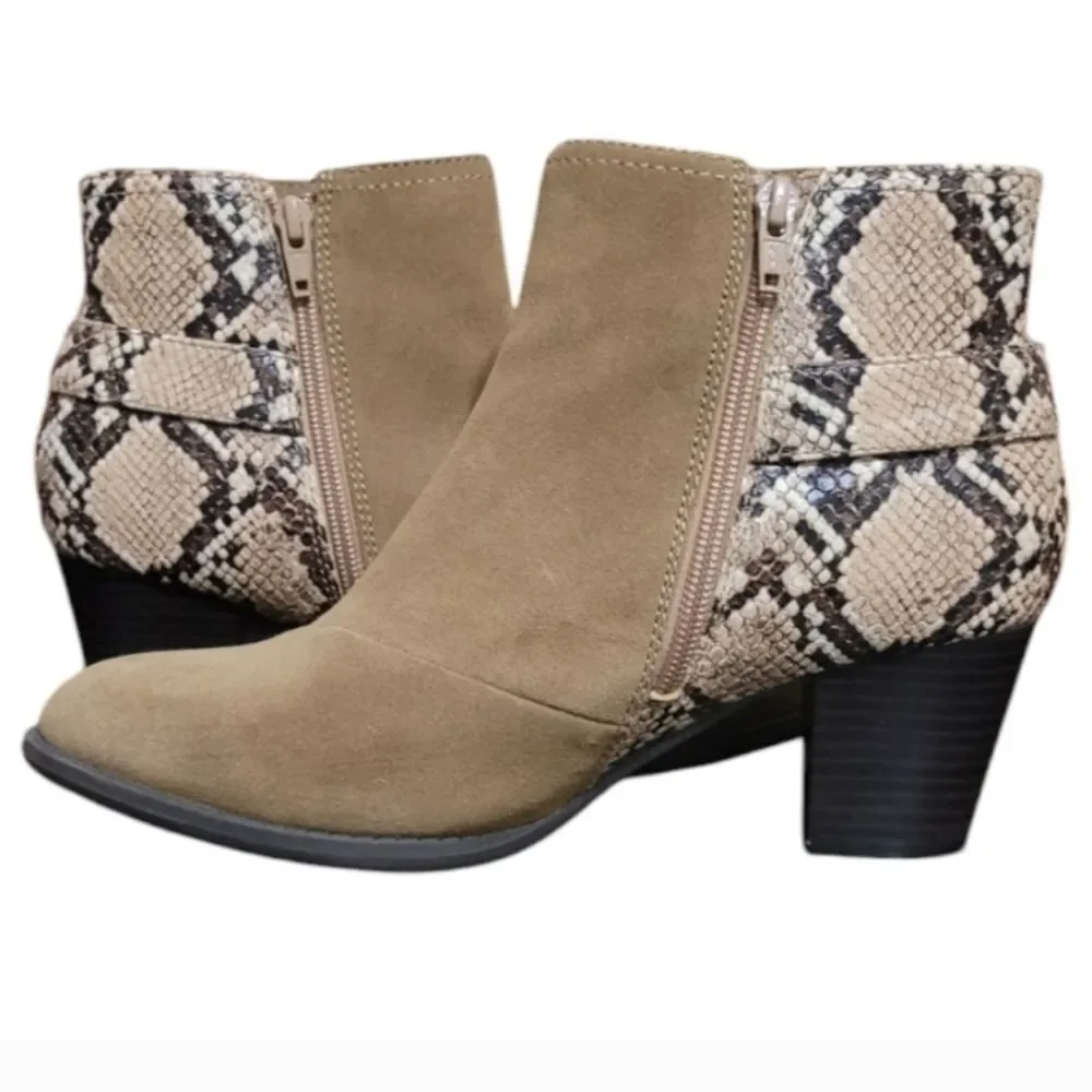 Vionic Naomi Tan Suede Snake Print Ankle Boots